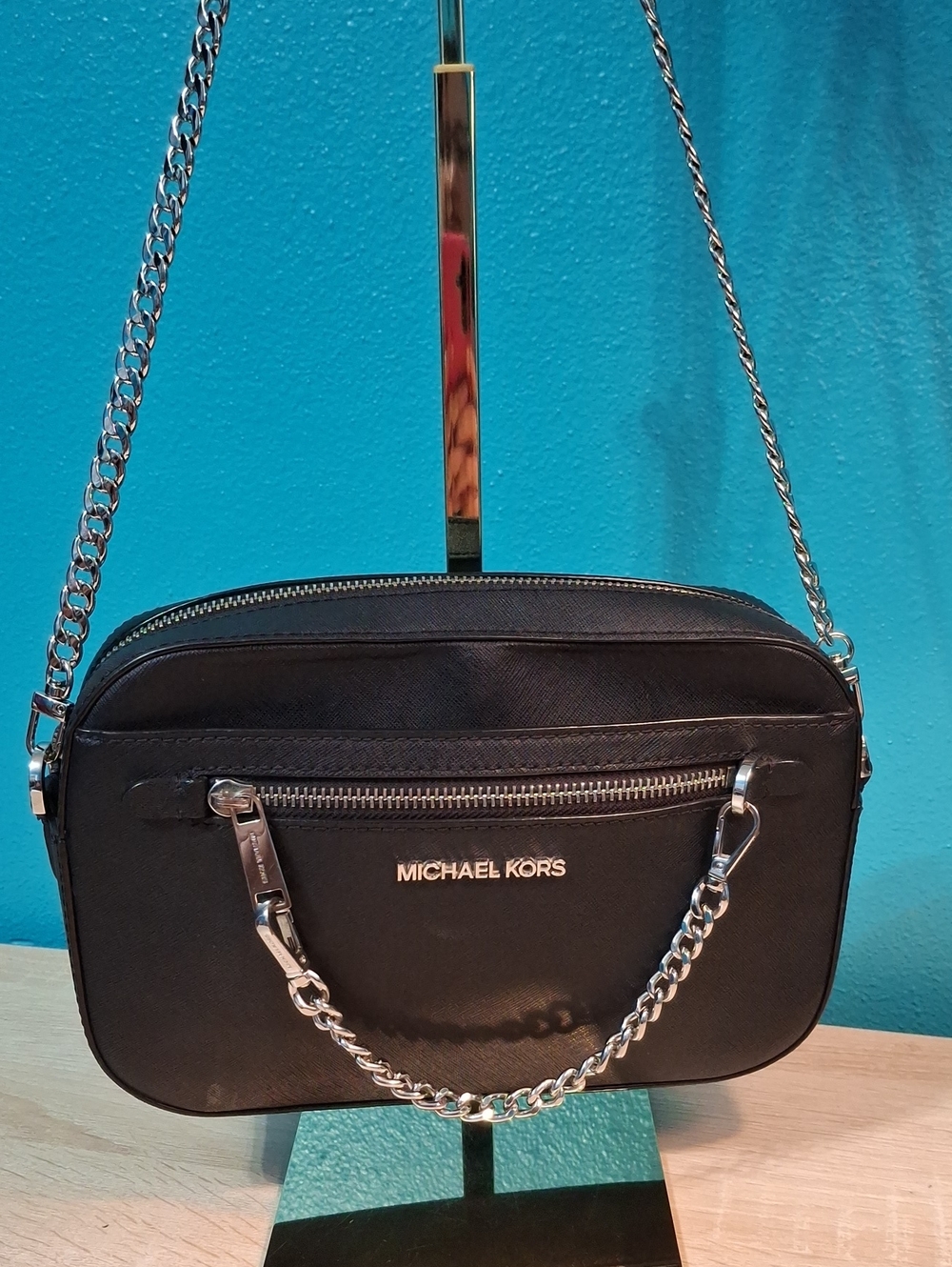 Michael Kors JET SET Black Saffiano Leather Crossbody with Silver Chain